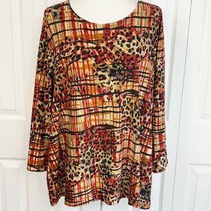JM Collection Tan & Red Multi Plaid Animal Print Patchwork Top 3X
